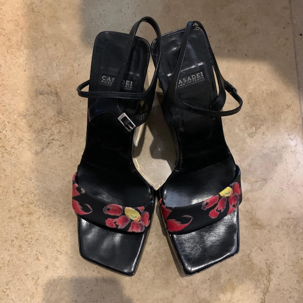 VINTAGE BLACK SQUARE CASADEI HEELS/FLORAL PATTERN